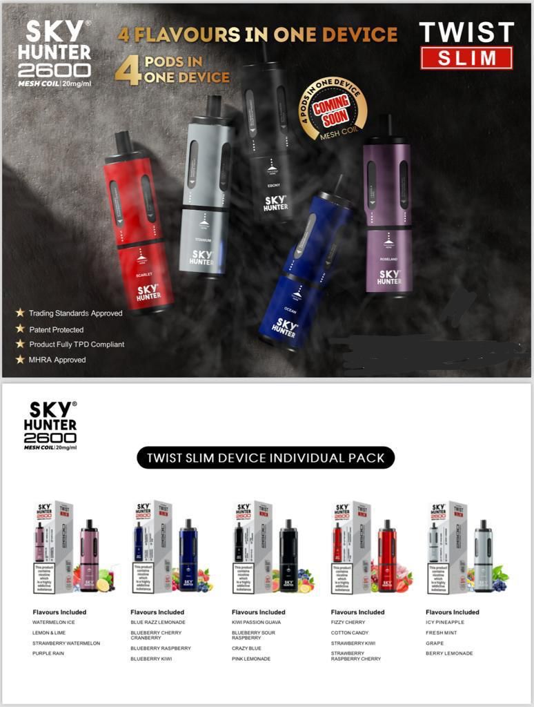 4 in 1 Sky Hunter 2600 Puffs Disposable Vape Pod Kit (Pack of 5)