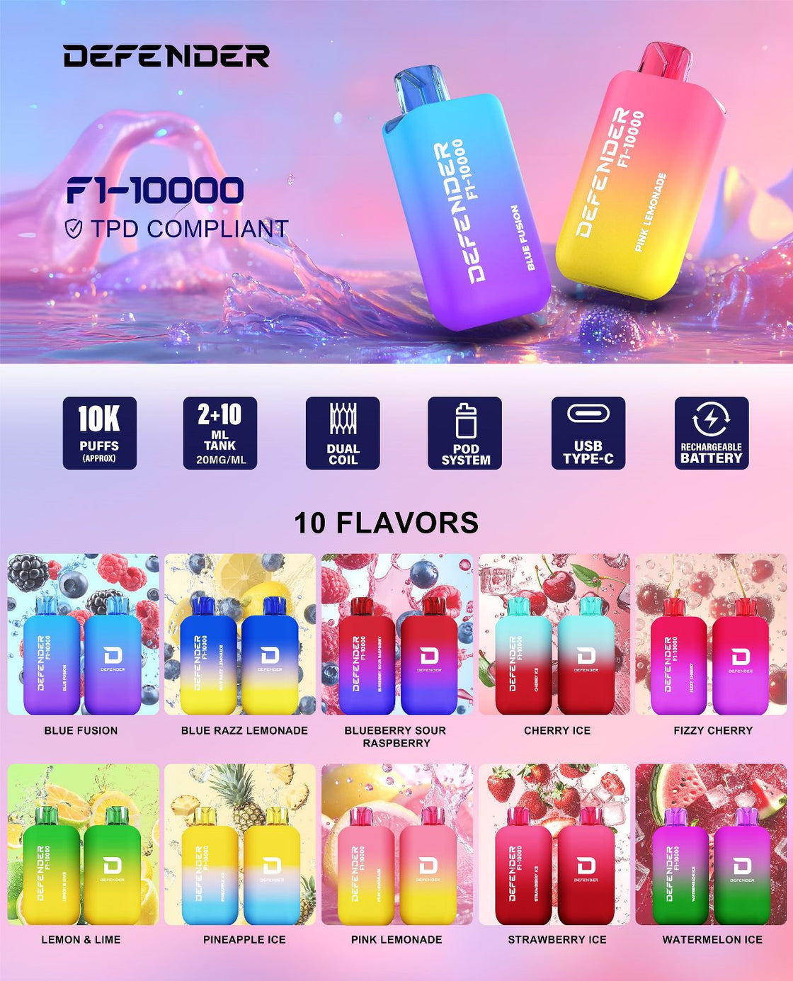 Defender F1-10000 Prefilled Pod Vape Kit Pack of 5