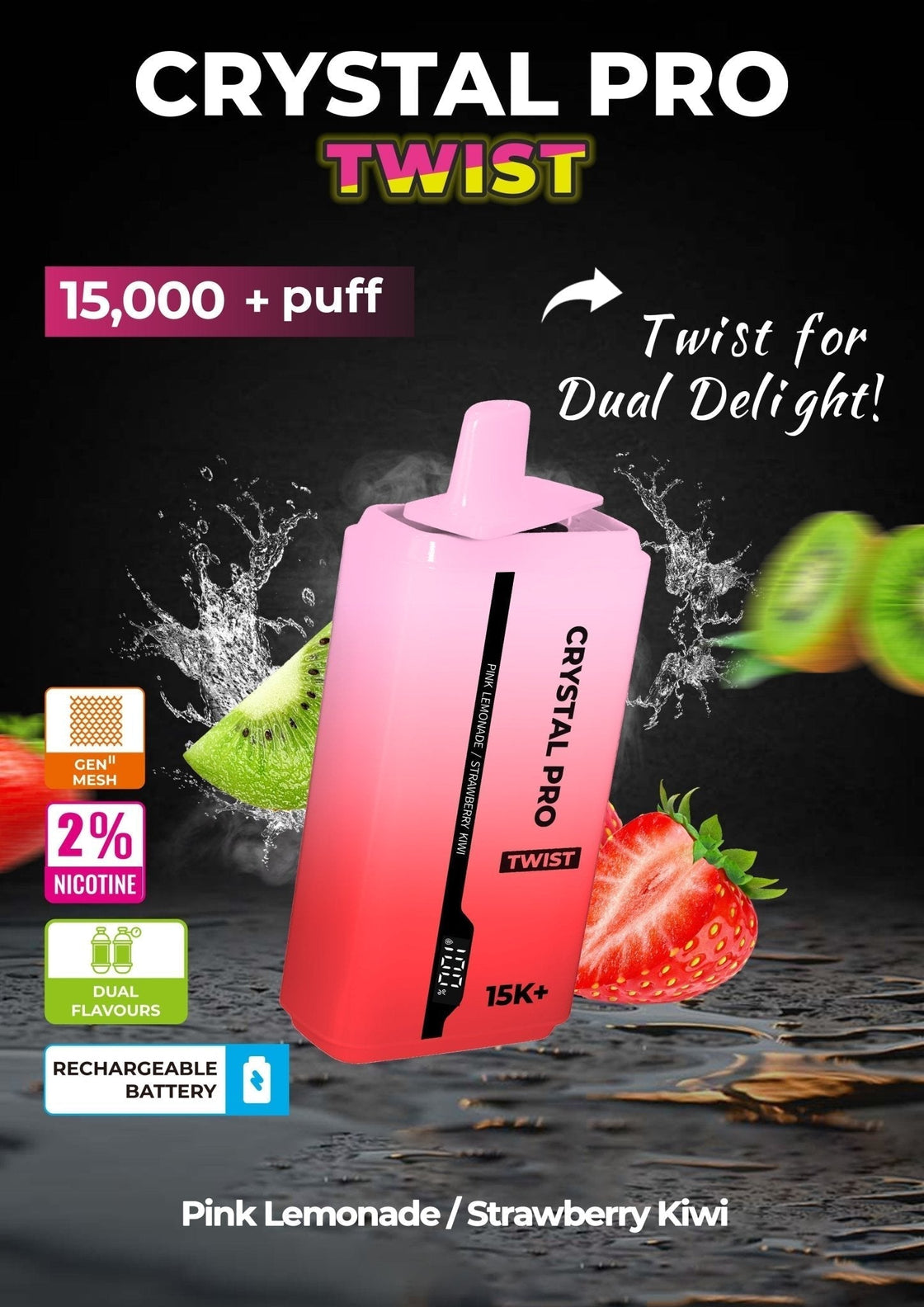 THE CRYSTAL PRO TWIST 15000+ PUFF - Eliquid Base-Pink lemonade / Strawberry Kiwi